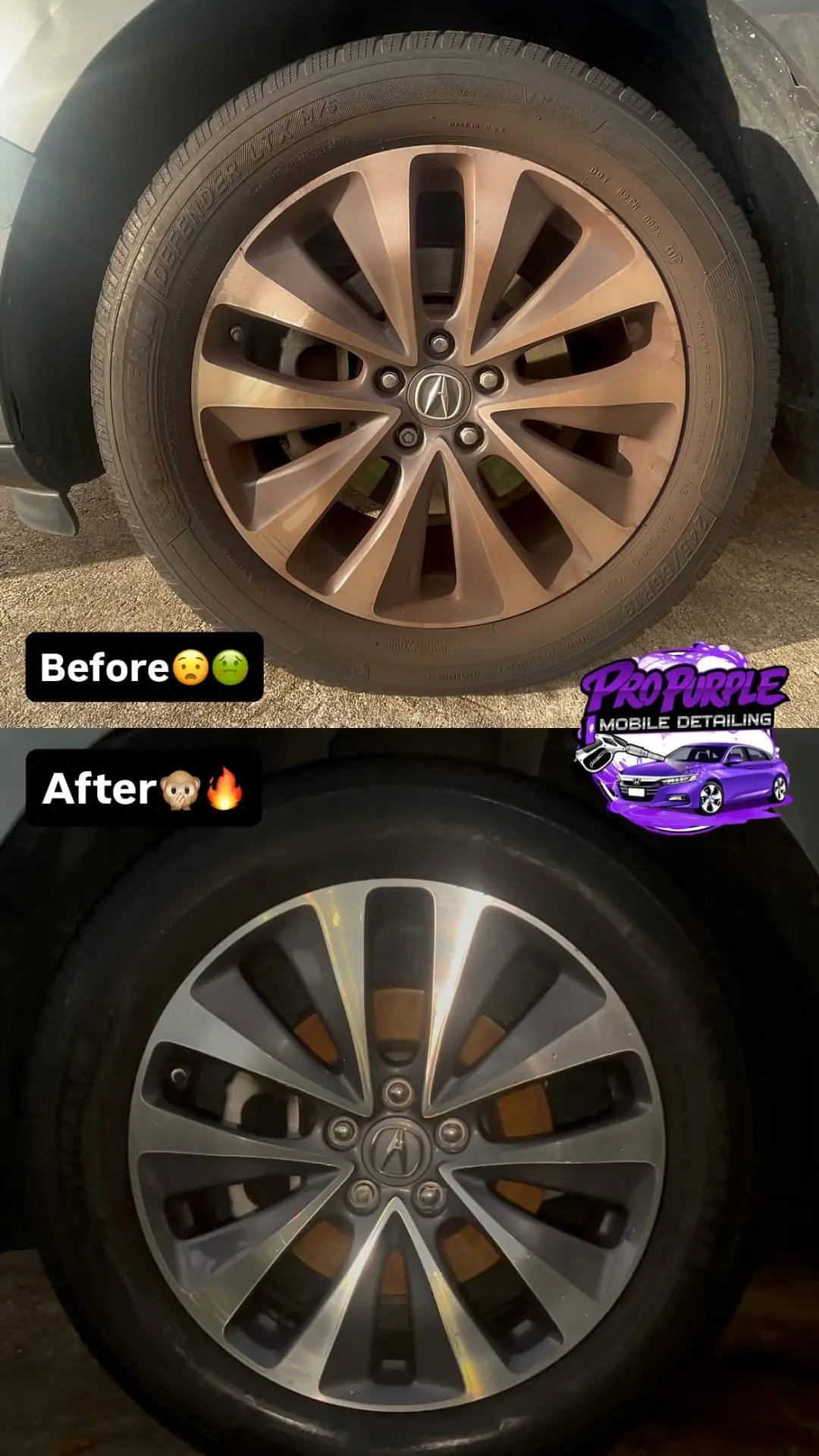 Before and after of a brake-dust covered Acura wheel deep cleaned by Pro Purple Mobile Detailing near Kenner, LA